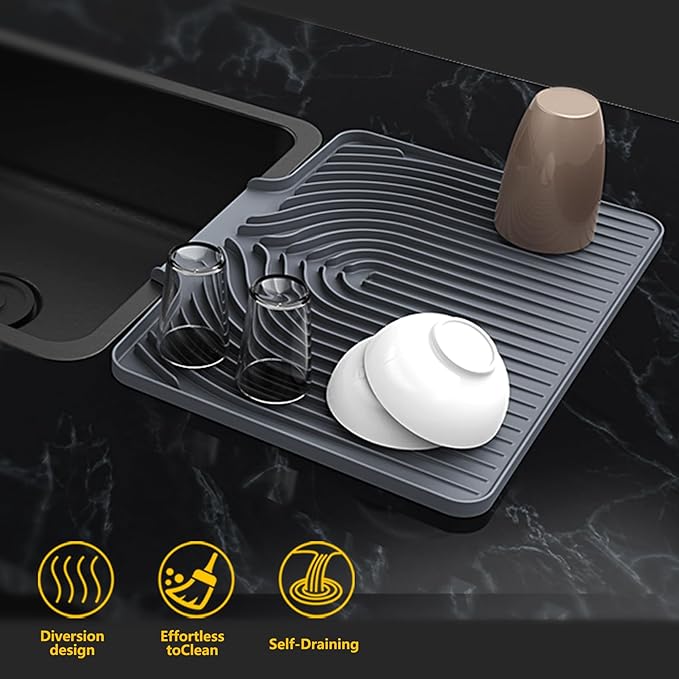 Silicone Drying Mat for Kitchen Counter , Dish Drying Rack Matt with Built in Drain, Small Dry Mats for Dishes Drying Pad for Kitchen Counter (20×15.7inch Extra Large, gray)