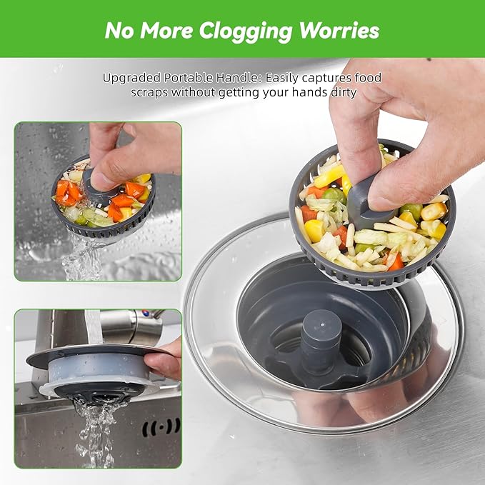 Universal Sink Stopper Strainer Combo, Stainless Steel Wrapped Drain Stopper Kitchen Sink for US Standard 3-1/2 Inch Kitchen Sink Drain, Extra 2 PCS Mesh Strainer for Food Garbage Disposal, Chrome