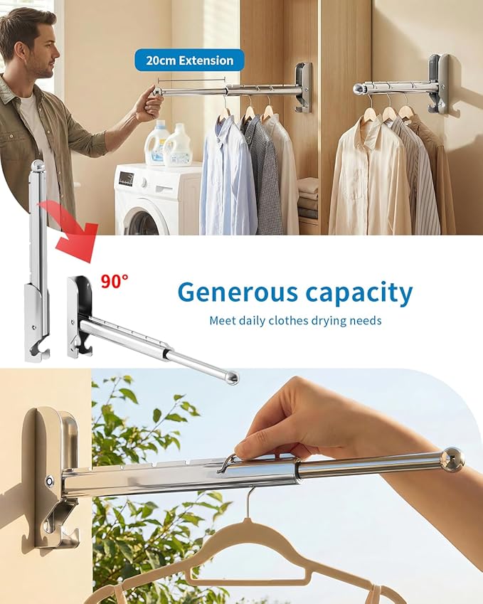 Wall Mounted Drying Rack 13" Foldable Clothes Hanger Silver Pull-Out Clothes Drying Rod for Laundry, Closets, Rntryway (2, 13" Silver)