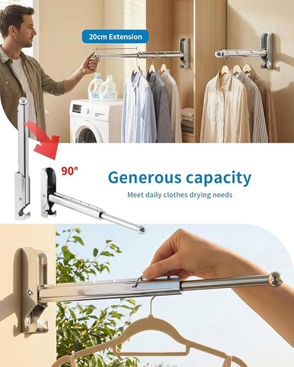 Wall Mounted Drying Rack 13" Foldable Clothes Hanger Silver Pull-Out Clothes Drying Rod for Laundry, Closets, Rntryway (2, 13" Silver)