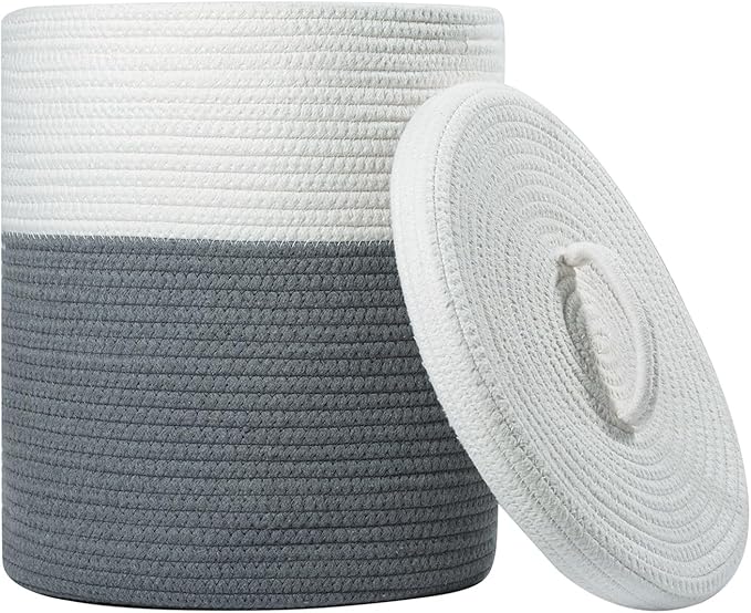 Yimi's Dream Storage Basket with Lid, Small Lidded Cotton Rope Storage Bins for Organizing, Cute Woven Round Covered Laundry Baskets (White & Grey, 12D x 13.5H Inches)