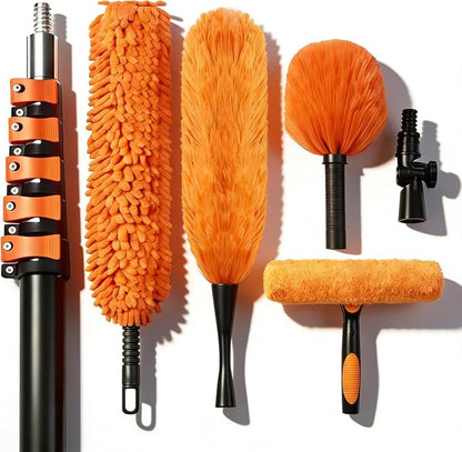 30FT High Reach Duster Kits with Dual Action Flip-Lock & Screw Fixing Design, 5-24FT Extension Pole, Cobweb Duster, Washable Ceiling Fan Cleaner & Window Squeegee for Glass & High Roof