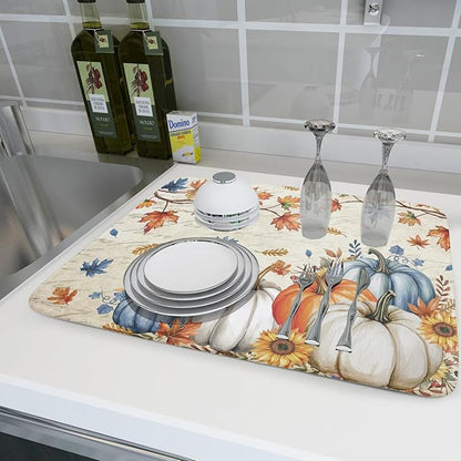 Fall Pumpkin Dish Drying Mat for Kitchen Counter 18x24 Inch Vintage Autumn Thanksgiving Absorbent Reversible Microfiber Dish Drainer Rack Mats Countertops Protector Mat