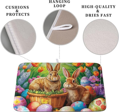 Easter Bunny Eggs Dish Drying Mat for Kitchen Counter, Tulip Floral Flower Drying Mat Spring Summer Holiday Dish Mat Drying Kitchen Mat Absorbent Kitchen Drying Mat for Sink 16x18Inch