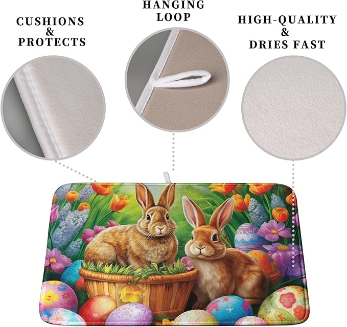 Easter Bunny Eggs Dish Drying Mat for Kitchen Counter, Tulip Floral Flower Drying Mat Spring Summer Holiday Dish Mat Drying Kitchen Mat Absorbent Kitchen Drying Mat for Sink 18x24Inch