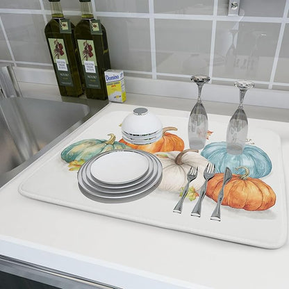 Fall Watercolor Pumpkin Leaf Dish Drying Mat 18 x 24 Inch With Absorbent Reversible Microfiber Autumn Thanksgiving Harvest Drying Mats Dish Drainer Mat Fast Dry For Kitchen Dining Room Decoration