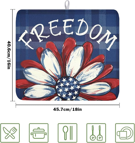 4th of July Dish Drying Mat 18x16 Inch, Patriotic Drying Mat with Absorbent Reversible Microfiber, Independence Day Dish Drainer Mats Memorial Day Rack Pad for Coffee Countertop Kitchen Protector