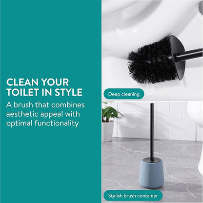 Navaris Toilet Brush and Holder Set, Blue - Toilet Brushes & Holders - Soft Touch & Rubber Coated Loo Brush with Stainless Steel Handle - Adjustable Silicone Water Stopper