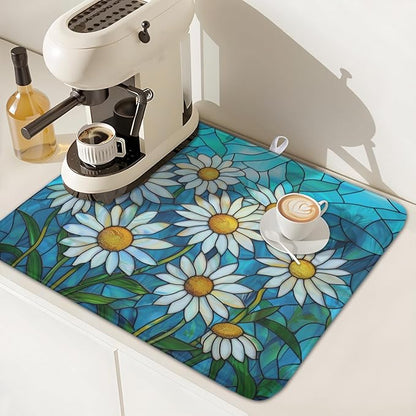 Daisy Drying Mat 18x16 Inch, Summer Spring Drying Mat with Absorbent Reversible Microfiber, Rustic Flowers Dish Drainer Mats Floral Rack Pad for Coffee Countertop Kitchen Protector