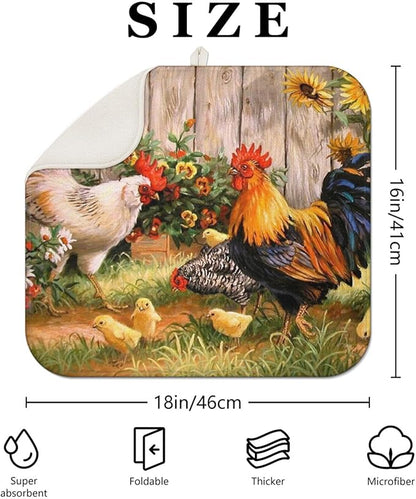 Dish Drying Mat Drainer Pads - Extra Large Microfiber Drying Mats for Dishes Kitchen Counter Super Absorbent Pads for Draining Racks (Rooster,16"x18" )