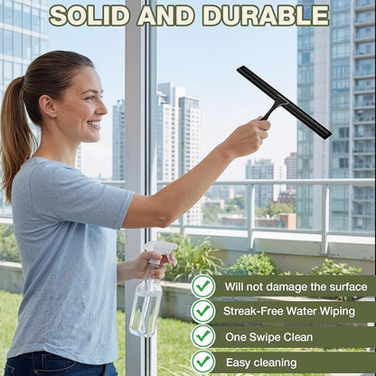 FARMER Shower Squeegee for Glass Doors, 10-Inch Glass Squeegee for Windows, Car Glass and Mirrors, Multi-Purpose Stainless Steel Squeegee with Suction Wall Hook and Over Door Hook, Black
