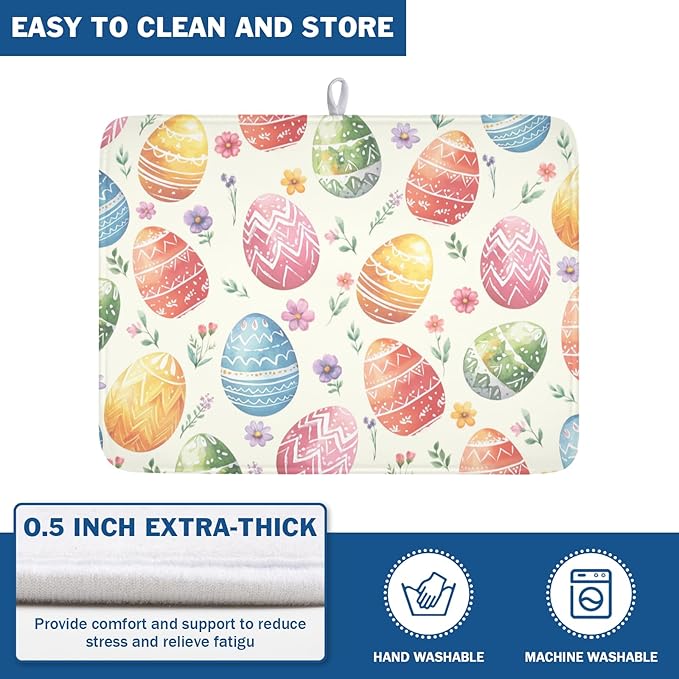 Easter Dish Drying Mat for Kitchen Counter Colorful Easter Eggs Floral Pattern Drying Mat 18x24 Inch Spring Holiday Absorbent Dish Drainer Mat Kitchen Accessories