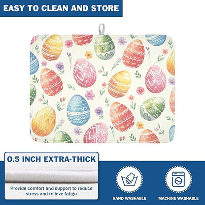 Easter Dish Drying Mat for Kitchen Counter Colorful Easter Eggs Floral Pattern Drying Mat 18x24 Inch Spring Holiday Absorbent Dish Drainer Mat Kitchen Accessories