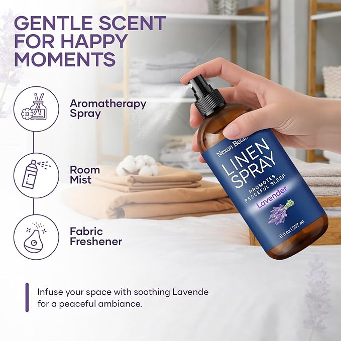 Lavender Linen Spray 8 fl oz - Refreshing Fabric Refresher & Pillow Spray for Bedding, Bed Sheets & Room - Soothing Room Mist - Nexon Botanics