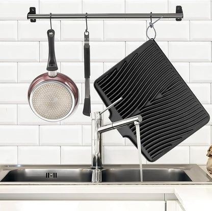 TIKNIK Silicone Dish Drying Mat, Stone Drying Mat for Kitchen Counter with Built-In Drain, Non-Slip Drain Pad with Built-in Drain, Heat Resistant Stone Drying Mat, Hangable, Black-2pcs, 20" x 15"