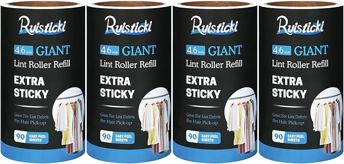 4.6 inch Giant Roller Refill for Evercare All-Purpose Giant Lint Rollers and T Handle Lint Roller 90 Sheets Each Refill, 4 Pack, 360 Sheets Total