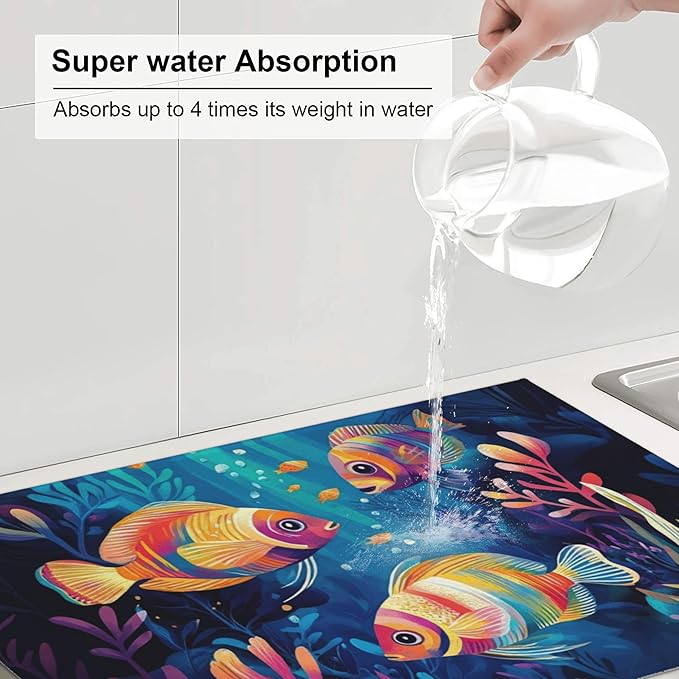 Colorful Fishes Ocean Dish Drying Mats for Kitchen Counter, Absorbent Reversible Microfiber Dish Drying Pad, Multi-Use Large Drying Mat Coffee Bar Accessories 18"x24"
