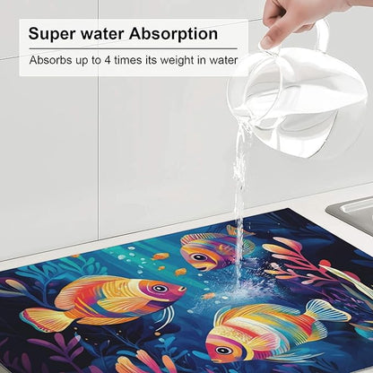 Colorful Fishes Ocean Dish Drying Mats for Kitchen Counter, Absorbent Reversible Microfiber Dish Drying Pad, Multi-Use Large Drying Mat Coffee Bar Accessories 18"x24"