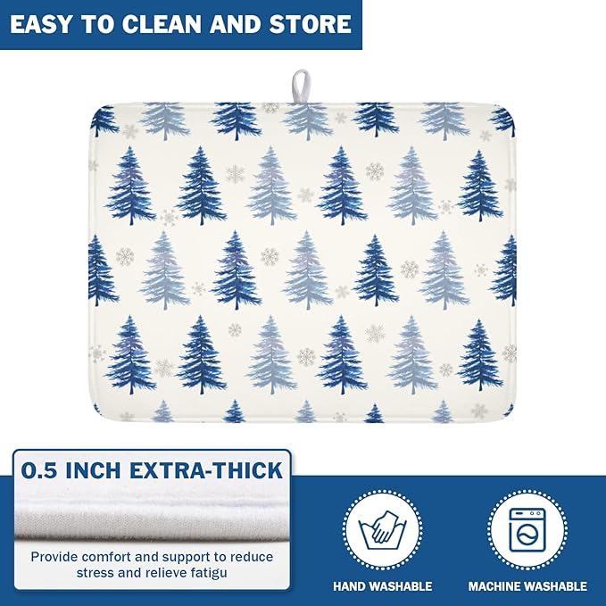 Winter Dish Drying Mat 18 x 24 Inch Blue Tree Dish Drying Pad Absorbent Microfiber Mats for Snowflake Dish Rack Pad for Holiday Kitchen Counter Coffee Bar Decor