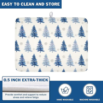 Winter Dish Drying Mat 18 x 24 Inch Blue Tree Dish Drying Pad Absorbent Microfiber Mats for Snowflake Dish Rack Pad for Holiday Kitchen Counter Coffee Bar Decor