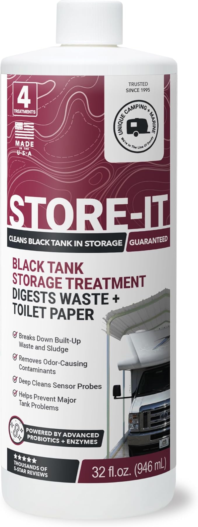 Unique Store-It RV Black Tank Cleaner Liquid - Cleans and Deodorizes Tanks While RV is in Short or Long Term Storage - 4 Uses Per Bottle (32 oz)
