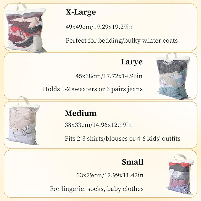 Tyqour 4PCS Mesh Laundry Bags for Washing Machine Hanging Laundry Hamper Delicates Laundry Bag with Handles (S/M/L/XL) Zipper Opening Wash Bag for Coat Sweater Lingerie Sock Sheet