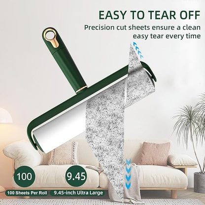 Large Lint Rollers for Pet Hair Extra Sticky, 400 Sheets Roller Refills with Long Handle, 9.45" Giant Lint Roller for Floors, Furniture, and Pet Owners (Green)