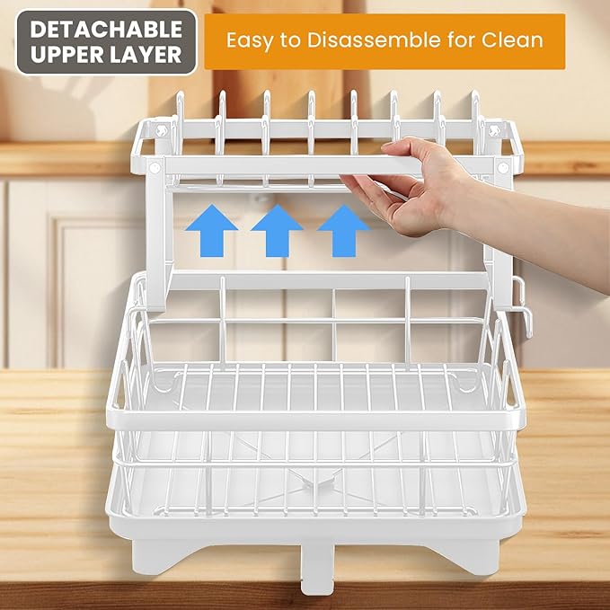 Dish Drying Rack,2-Tier Rustproof Steel Kitchen Organizer with Drainboard & Utensil Holder, Large Capacity Dish Drainer Organizer for Bowls/Cups/Bottles (MS-A-356-2)