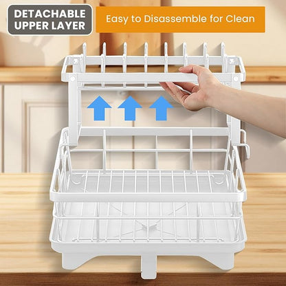 Dish Drying Rack,2-Tier Rustproof Steel Kitchen Organizer with Drainboard & Utensil Holder, Large Capacity Dish Drainer Organizer for Bowls/Cups/Bottles (MS-A-356-2)