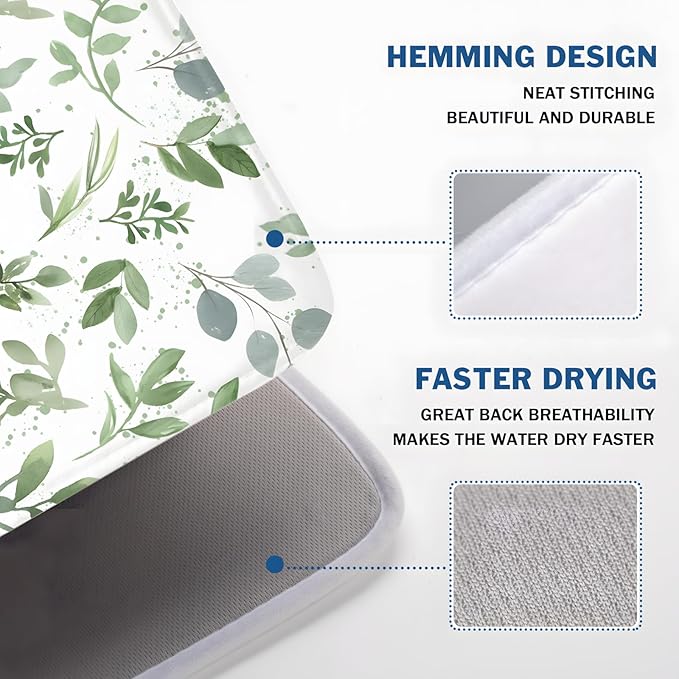 Spring Summer Sage Green Leaves Dish Drying Mat 16 x 18 Inch Spring Eucalyptus Leaf Dish Drainer Rack Mat Absorbent Microfiber for Holiday Kitchen Coffee Dining Bar Decor