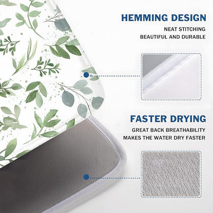 Spring Summer Sage Green Leaves Dish Drying Mat 16 x 18 Inch Spring Eucalyptus Leaf Dish Drainer Rack Mat Absorbent Microfiber for Holiday Kitchen Coffee Dining Bar Decor