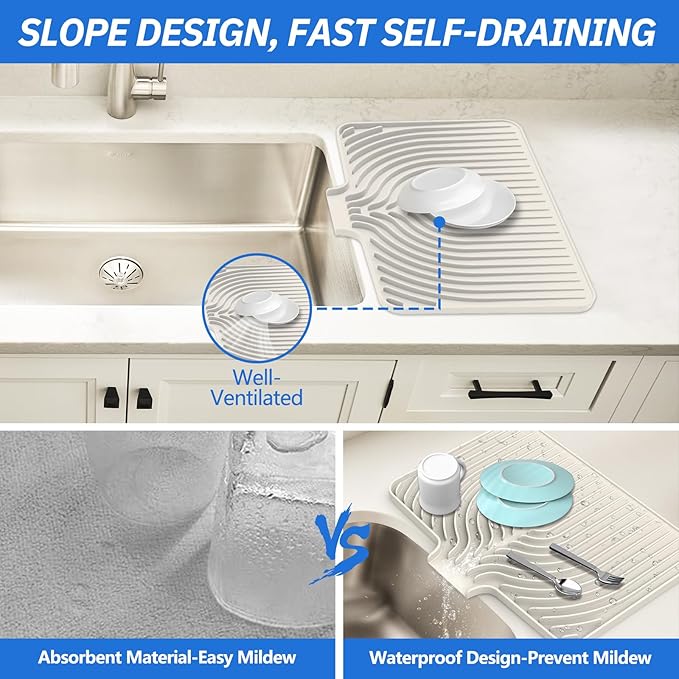 Dish Drying Mat for Kitchen Counter, with Built-in Drain Lip, Food-Grade Silicone, Easy Clean Pad for Countertop Protection, Multi-Functional Use (18x11.8, Beige)