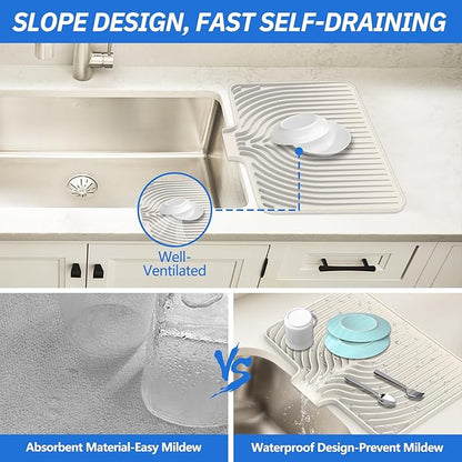 Dish Drying Mat for Kitchen Counter, with Built-in Drain Lip, Food-Grade Silicone, Easy Clean Pad for Countertop Protection, Multi-Functional Use (18x11.8, Beige)