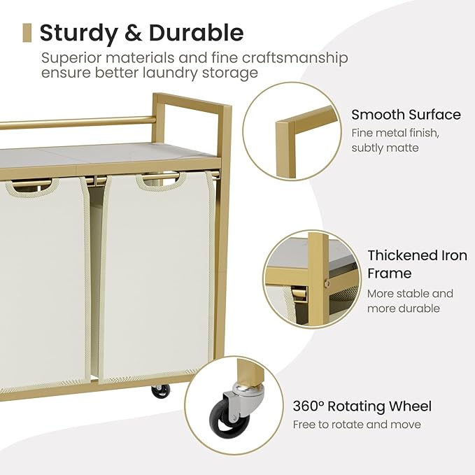 Laundry Hamper, Laundry Basket, Laundry Sorter with 3 Removable Bags, Clothes Basket with 3 Compartments, Wheels, Shelf for Laundry Room Bathroom Bedroom (2 Bags-Golden)
