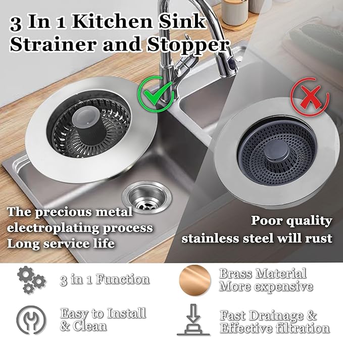 BAOLSLS 3 in 1 Kitchen Sink Stopper, Pop Up Kitchen Sink Drain Strainer, with an Extra Basket Strainer, Kitchen Sink Drain Stopper for US Standard 3-1/2 Inch, Brass Material Electroplate Silver