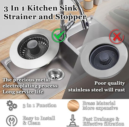 BAOLSLS 3 in 1 Kitchen Sink Stopper, Pop Up Kitchen Sink Drain Strainer, with an Extra Basket Strainer, Kitchen Sink Drain Stopper for US Standard 3-1/2 Inch, Brass Material Electroplate Silver