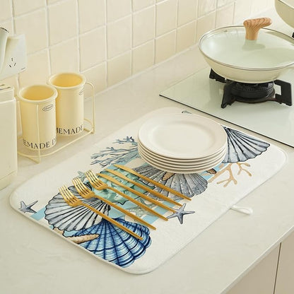 Nautical Coastal Starfish Dish Drying Mats 18x24 Inch Beach Coral Shell Blue Drying Mats Seasonal Summer Ocean Absorbent Dish Drying Pad Dish Rack Drainer Mats for Kitchen Dining Counter Decor
