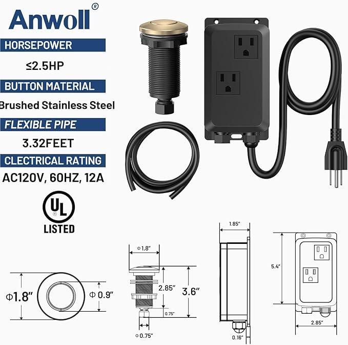 Garbage Disposal Air Switch Kit -Professional, Dual Outlet Sink Top Waste Disposer On/Off, Champagne Bronze Finish Compatible with Delta Faucets, Air Switch Button, UL Listed