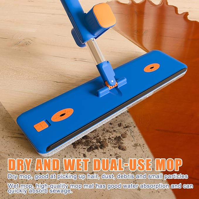16.5" Self Wringing Flat Mop and Bucket Set, 55" Long Handle Microfiber Mop for Floor and Wall Cleaning, Hands-Free Wet & Dry Mop with Squeegee, 5 Replacement Pads & Collapsible Bucket