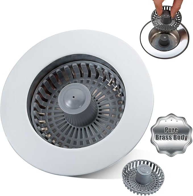 Kitchen Sink Drain Strainer – New Upgraded Kitchen Sink Stopper with One Extra Basket Filter – Premium Brass Material Pop Up Sink Strainer for US Standard 3-1/2 Inch Kitchen Drain, Silver