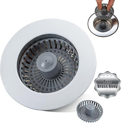 Kitchen Sink Drain Strainer – New Upgraded Kitchen Sink Stopper with One Extra Basket Filter – Premium Brass Material Pop Up Sink Strainer for US Standard 3-1/2 Inch Kitchen Drain, Silver