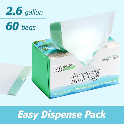2.6 Gallon Drawstring Trash Bags - 0.43 Mil Strong - Small Garbage Bags - for Office Bathroom Kitchen - Individual, Unscented, White, 17" x 17", 60 Count