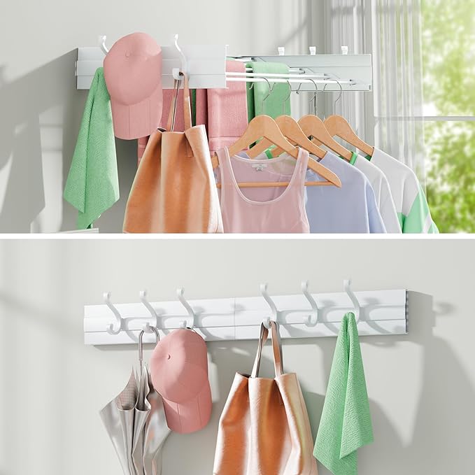 BAKON Wall-Mount-Clothes-Drying-Rack for Bathroom, Foldable-Drying-Rack-Clothing for Small Space, 31.5'' Laundry-Dry-Rack-Collapsible with 6 Hooks and 5 Poles for Living Room, Bedroom, White