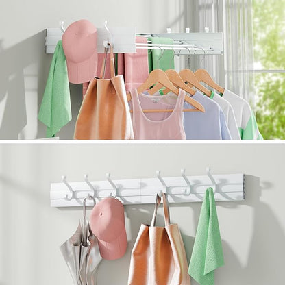 BAKON Wall-Mount-Clothes-Drying-Rack for Bathroom, Foldable-Drying-Rack-Clothing for Small Space, 31.5'' Laundry-Dry-Rack-Collapsible with 6 Hooks and 5 Poles for Living Room, Bedroom, White