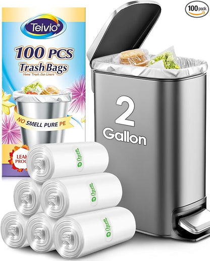 2 Gallon 100 Counts Strong Trash Bags Garbage Bags by Teivio,Small Waste Basket Liners,Bathroom Trash Can Bin Liners, Plastic Bags for home office kitchen Car, Clear