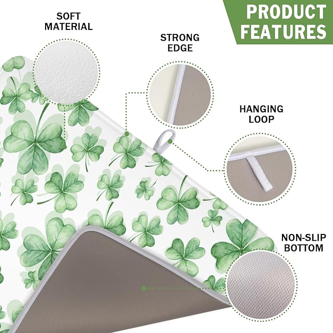 St Patrick's Day Dish Drying Mat for Kitchen Counter,Green Lucky Charm Shamrocks Drying Mat 16 x 18 Inch with High Absorbent Microfiber Drainer Mat for Coffee Bar