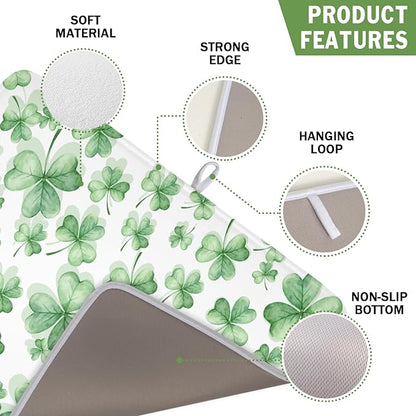 St Patrick's Day Dish Drying Mat for Kitchen Counter,Green Lucky Charm Shamrocks Drying Mat 16 x 18 Inch with High Absorbent Microfiber Drainer Mat for Coffee Bar