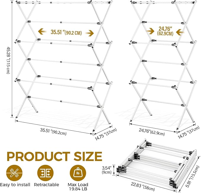 APEXCHASER Clothes Drying Rack Foldable, Enlarged Drying Rack Clothing, Extendable Laundry Drying Rack, Space-Saving, Suitable for Indoor/Outdoor Use, 45.28" × 14.57" × 35.51", White