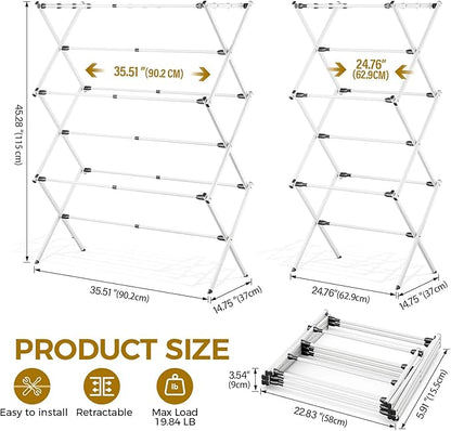 APEXCHASER Clothes Drying Rack Foldable, Enlarged Drying Rack Clothing, Extendable Laundry Drying Rack, Space-Saving, Suitable for Indoor/Outdoor Use, 45.28" × 14.57" × 35.51", White
