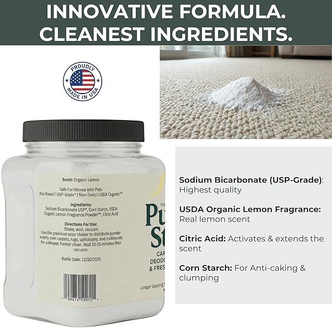 Carpet Deodorizer Powder with Organic Lemon Scent - Pet Safe 32oz Carpet Freshener, & Pet Odor Eliminator For Rugs, Upholstery, Mattresses - Non-Clumping Formula with Easy Pour Shaker Lid - USA Made